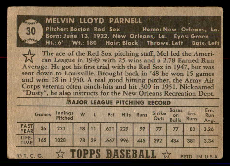 1952 Topps Baseball #030 Mel Parnell Red Sox GD-VG Black 558614