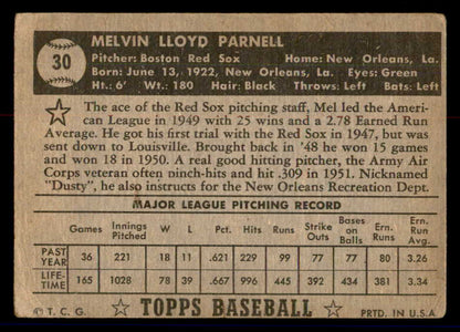 1952 Topps Baseball #030 Mel Parnell Red Sox GD-VG Black 558614
