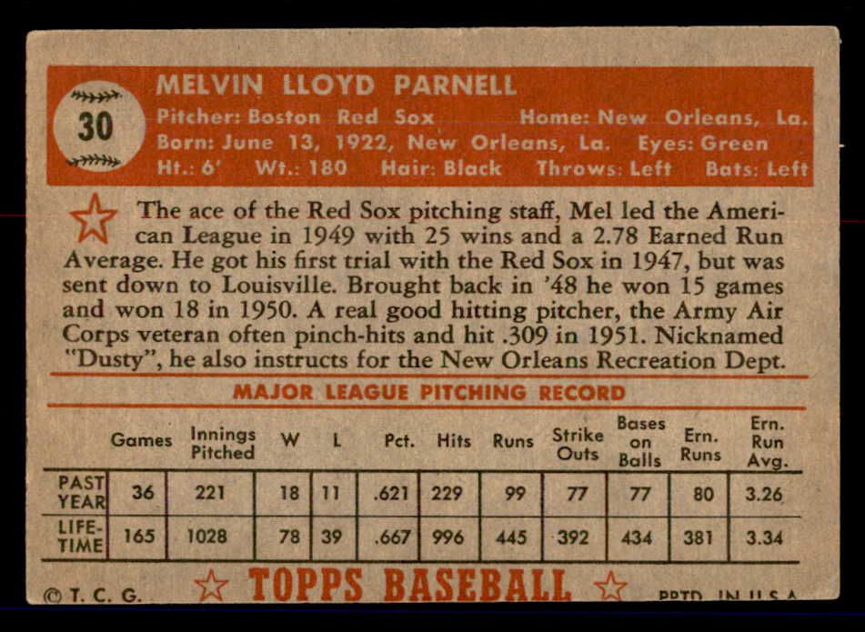 1952 Topps Baseball #030 Mel Parnell Red Sox VG-EX Red 558615