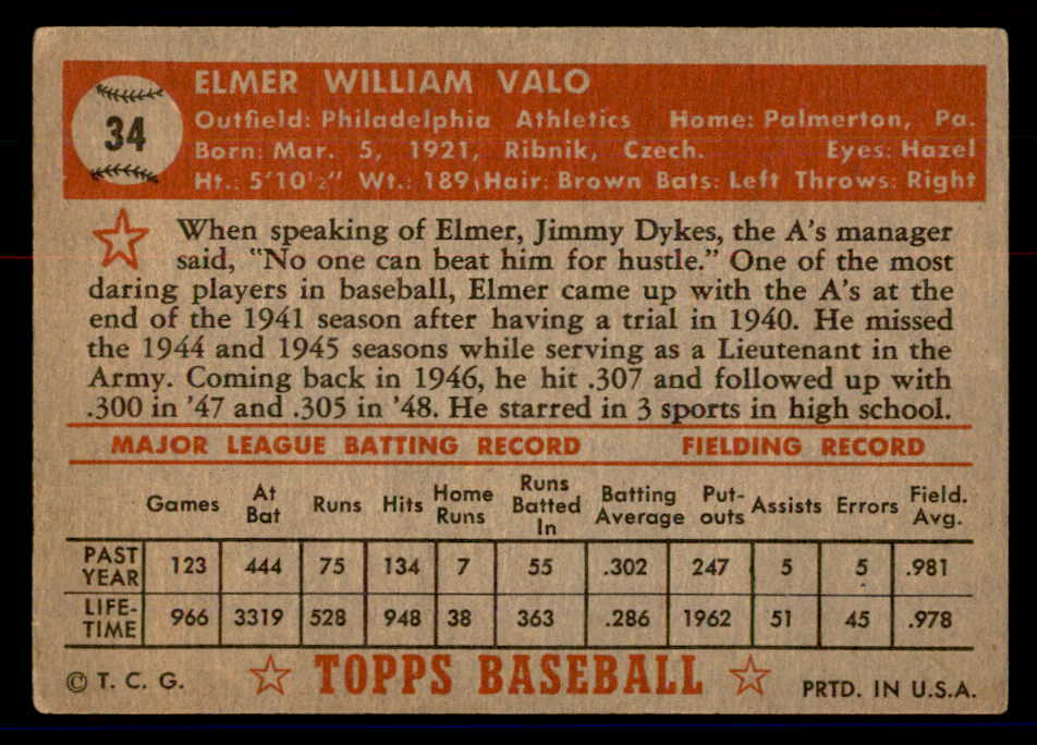 1952 Topps Baseball #034 Elmer Valo A's VG Red 558620