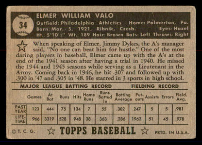 1952 Topps Baseball #034 Elmer Valo A's VG Black 558621