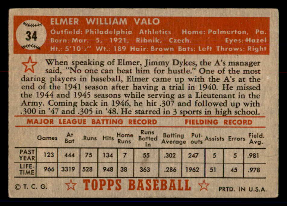 1952 Topps Baseball #034 Elmer Valo A's VG Red 558622