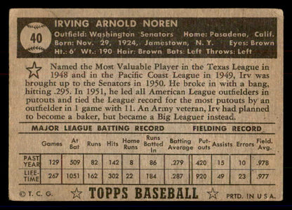 1952 Topps Baseball #040 Irv Noren Senators VG Black 558628