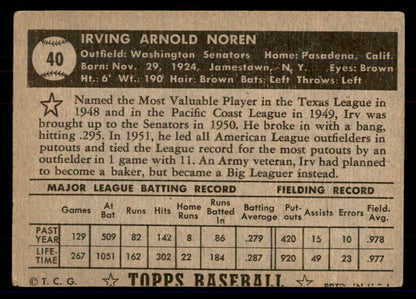 1952 Topps Baseball #040 Irv Noren Senators VG Black 558629