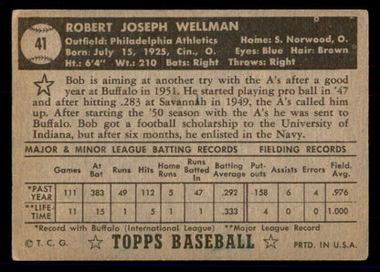 1952 Topps Baseball #041 Bob Wellman A's VG Black 558630