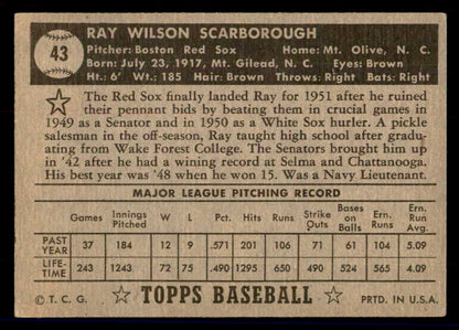 1952 Topps Baseball #043 Ray Scarborough Red Sox VG Black 558631