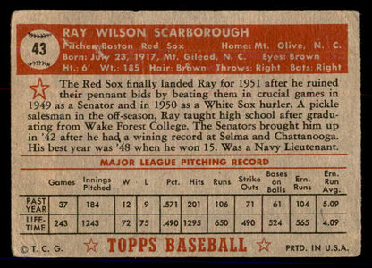 1952 Topps Baseball #043 Ray Scarborough Red Sox GD-VG Red 558632
