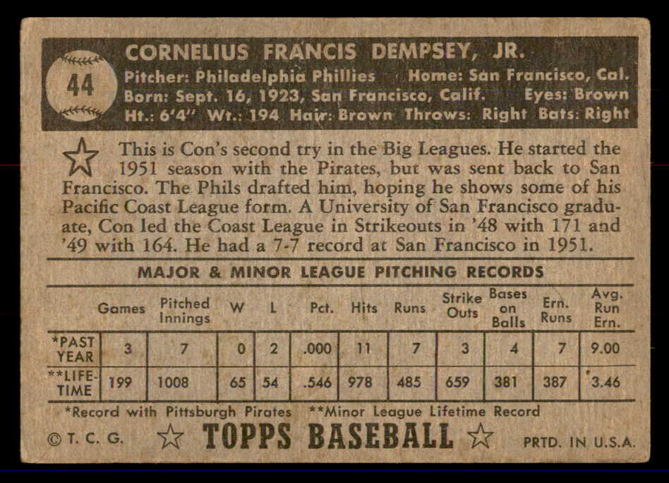 1952 Topps Baseball #044 Con Dempsey Phillies VG Black 558634