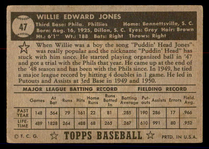 1952 Topps Baseball #047 Willie Jones Phillies VG Black 558638