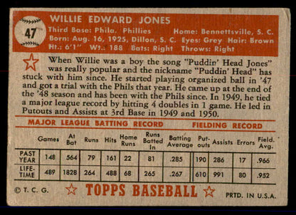 1952 Topps Baseball #047 Willie Jones Phillies GD-VG Red 558639
