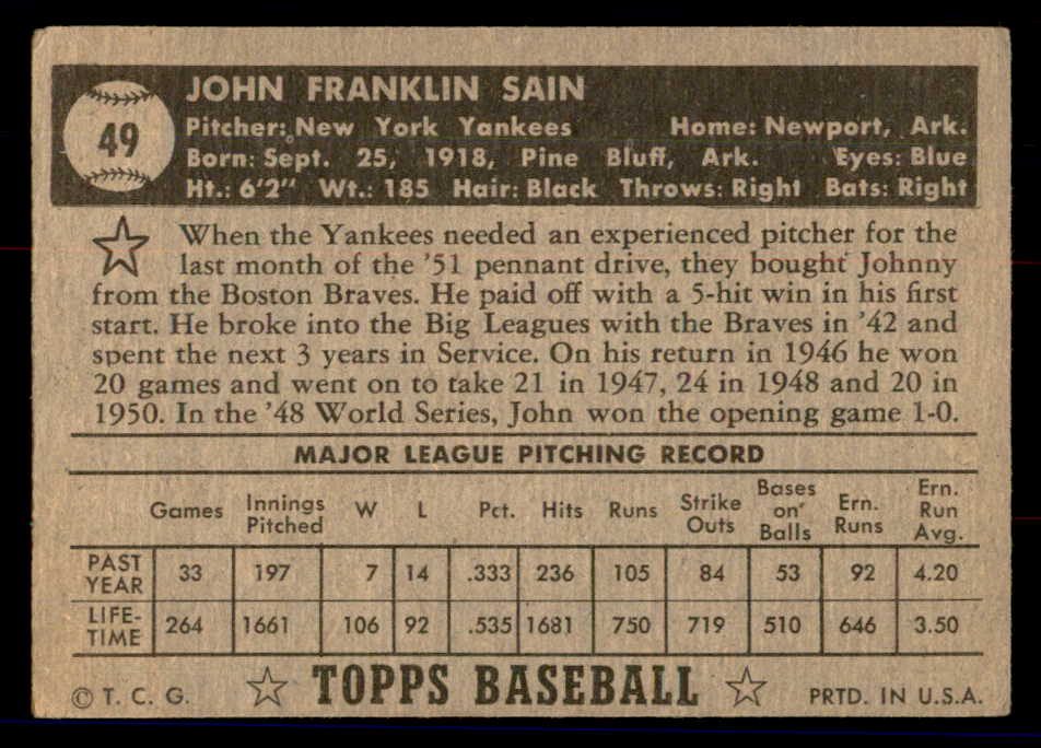 1952 Topps Baseball #049 Johnny Sain Yankees FR-GD Black erasure 558641