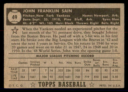 1952 Topps Baseball #049 Johnny Sain Yankees FR-GD Black erasure 558641