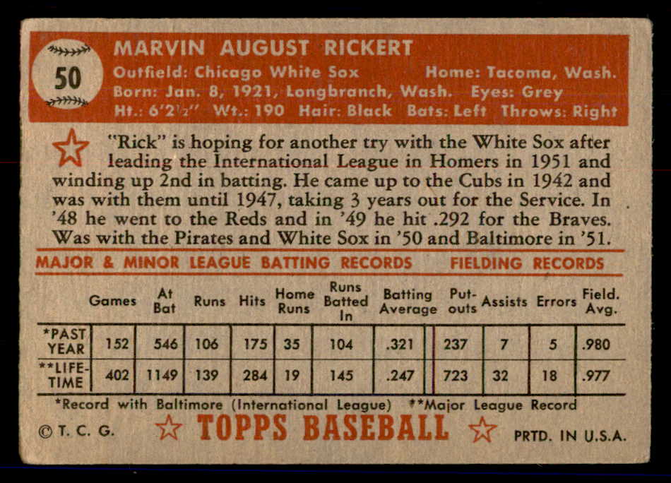 1952 Topps Baseball #050 Marv Rickert White Sox VG Red 558642