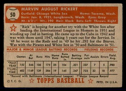 1952 Topps Baseball #050 Marv Rickert White Sox VG Red 558642