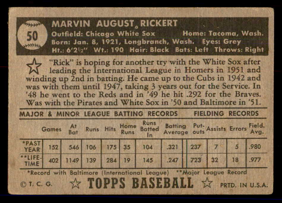 1952 Topps Baseball #050 Marv Rickert White Sox VG Black 558643