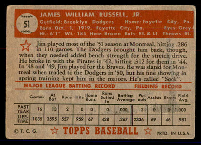 1952 Topps Baseball #051 Jim Russell Dodgers GD-VG Red 558644