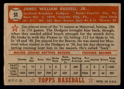 1952 Topps Baseball #051 Jim Russell Dodgers VG-EX Red 558645
