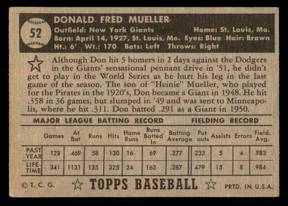 1952 Topps Baseball #052 Don Mueller Giants VG Black 558646