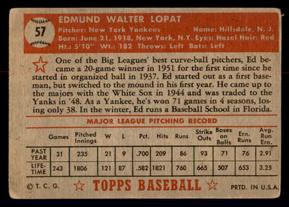 1952 Topps Baseball #057 Eddie Lopat Yankees Good Red 558649