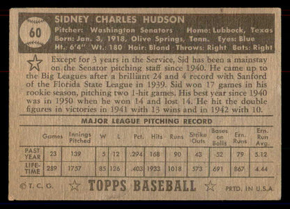 1952 Topps Baseball #060 Sid Hudson Senators GD-VG Black 558651