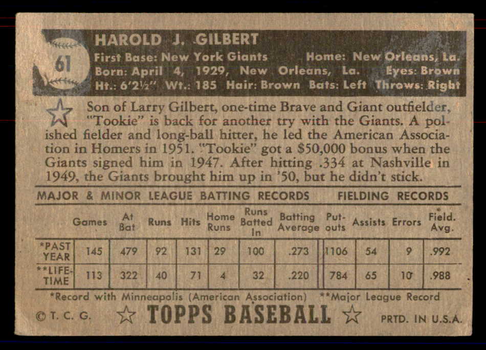 1952 Topps Baseball #061 Tookie Gilbert Giants VG Black 558652