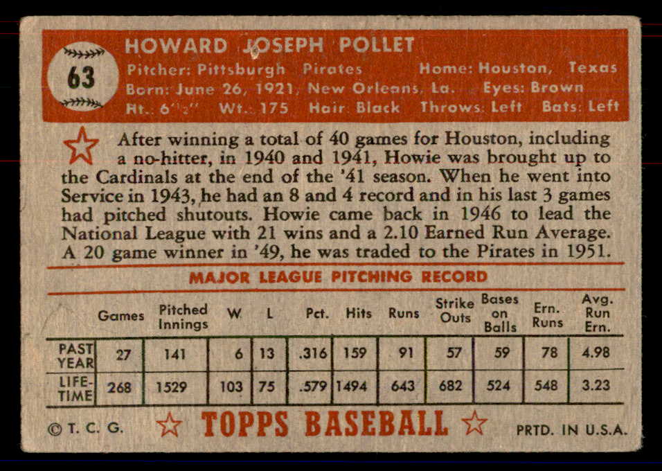 1952 Topps Baseball #063 Howie Pollet Pirates VG Red 558654