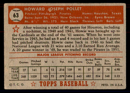 1952 Topps Baseball #063 Howie Pollet Pirates VG Red 558654