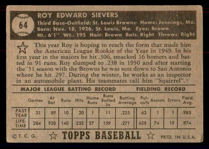 1952 Topps Baseball #064 Roy Sievers Browns VG Black 558655