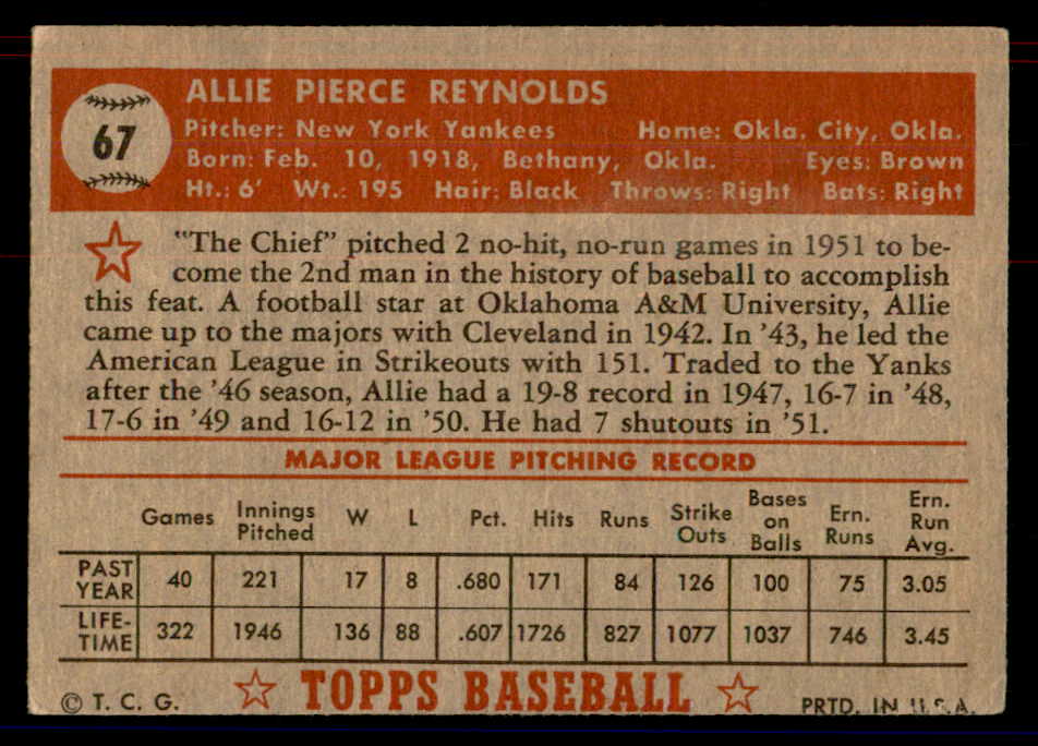 1952 Topps Baseball #067 Allie Reynolds Yankees VG Red 558657