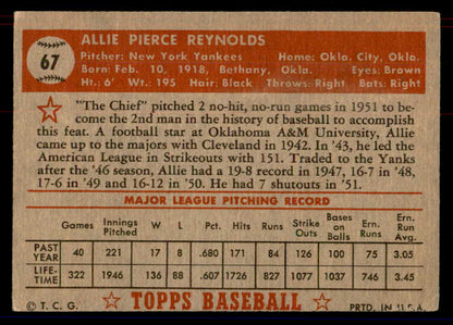 1952 Topps Baseball #067 Allie Reynolds Yankees VG Red 558657