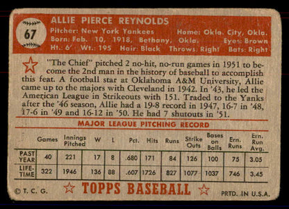 1952 Topps Baseball #067 Allie Reynolds Yankees Good Red 558658
