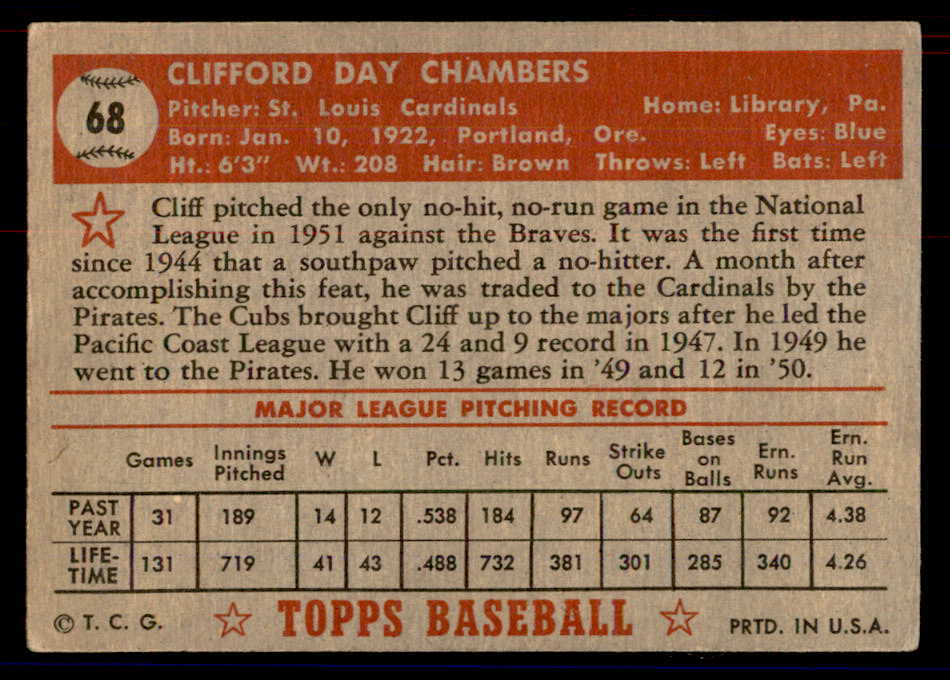 1952 Topps Baseball #068 Cliff Chambers Cardinals VG-EX Red 558659
