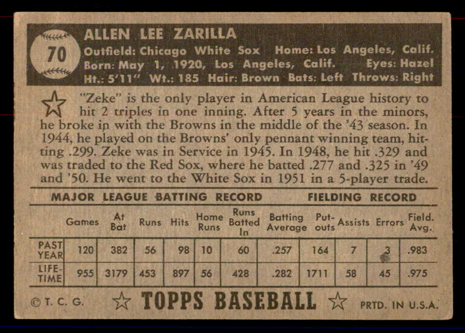 1952 Topps Baseball #070 Al Zarilla White Sox VG Black 558660