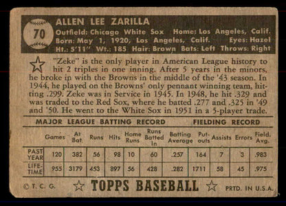 1952 Topps Baseball #070 Al Zarilla White Sox GD-VG Black 558661