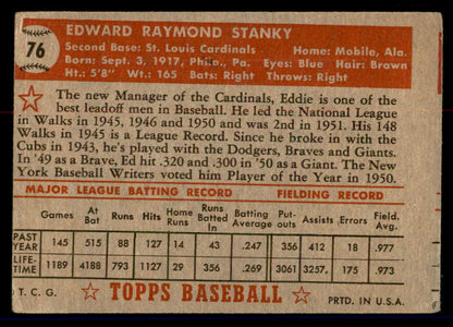 1952 Topps Baseball #076 Eddie Stanky Cardinals Good Red 558667