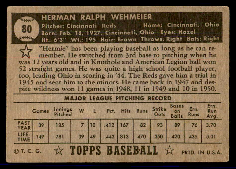 1952 Topps Baseball #080 Herman Wehmeier Reds VG Black 558670