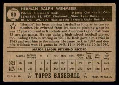1952 Topps Baseball #080 Herman Wehmeier Reds VG Black 558670