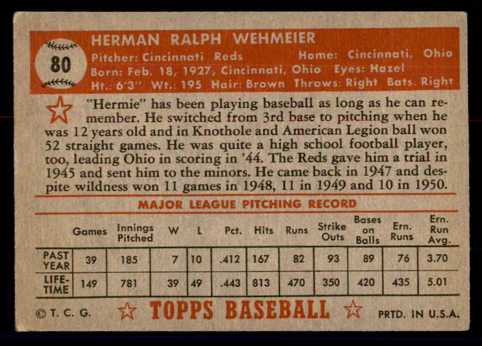 1952 Topps Baseball #080 Herman Wehmeier Reds VG Red 558671