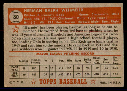 1952 Topps Baseball #080 Herman Wehmeier Reds VG Red 558671
