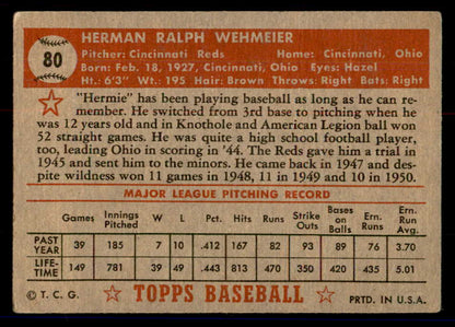 1952 Topps Baseball #080 Herman Wehmeier Reds GD-VG Red 558672