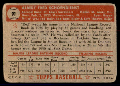 1952 Topps Baseball #091 Red Schoendienst Cardinals Good 558683