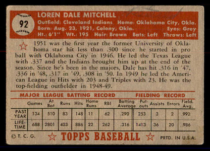 1952 Topps Baseball #092 Dale Mitchell Indians VG 558686