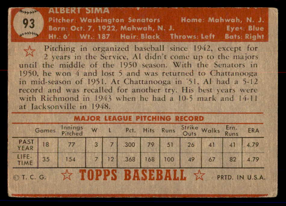 1952 Topps Baseball #093 Al Sima Senators VG 558687