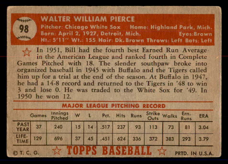 1952 Topps Baseball #098 Billy Pierce White Sox VG 558695