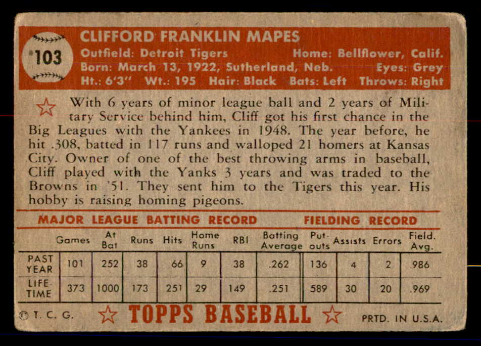 1952 Topps Baseball #103 Cliff Mapes Tigers GD-VG 558700