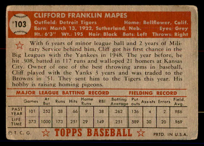 1952 Topps Baseball #103 Cliff Mapes Tigers GD-VG 558700
