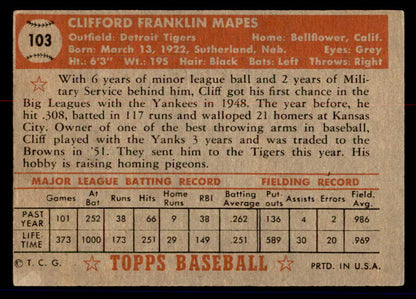 1952 Topps Baseball #103 Cliff Mapes Tigers VG 558701