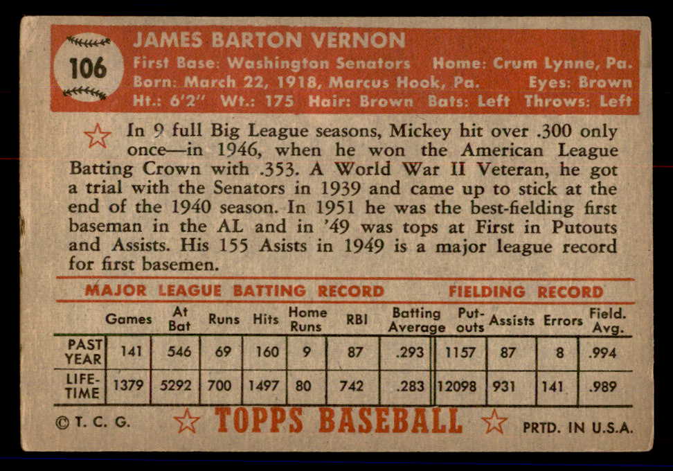 1952 Topps Baseball #106 Mickey Vernon Senators VG 558703