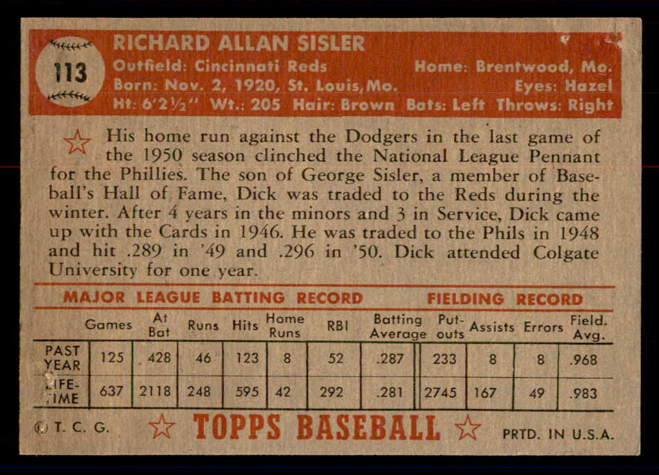 1952 Topps Baseball #113 Dick Sisler Reds GD-VG 558708