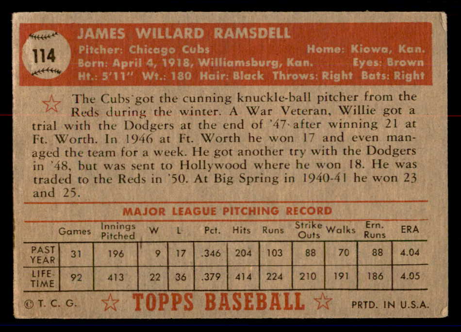 1952 Topps Baseball #114 Willard Ramsdell Cubs GD-VG 558709